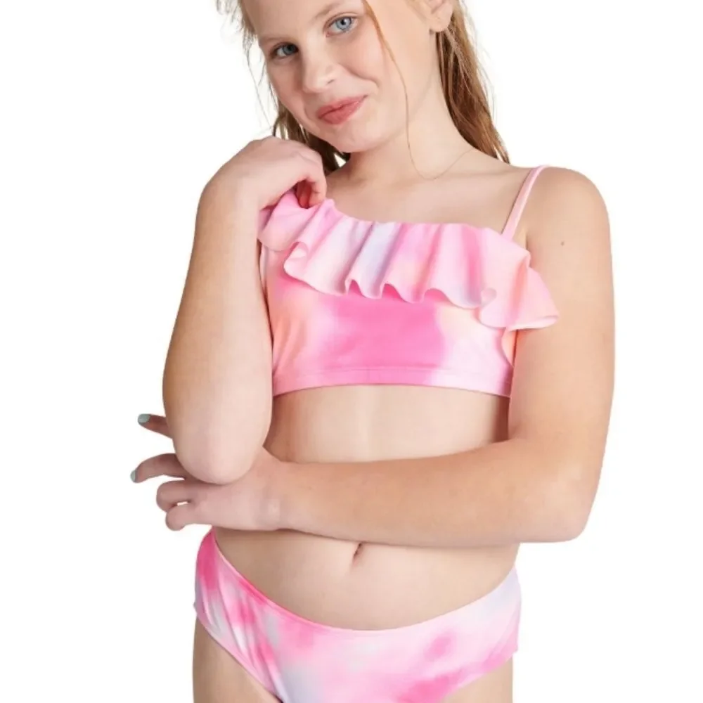 Justice Girls 2 Piece Ruffle Shoulder Tie Dye Bikini Swimsuit Size L 12/14